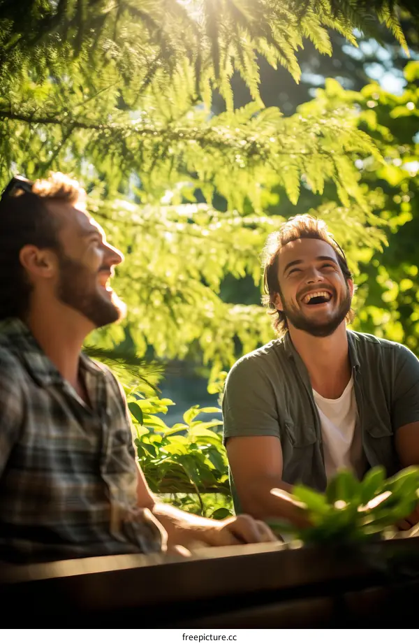 Two men laughing in a park