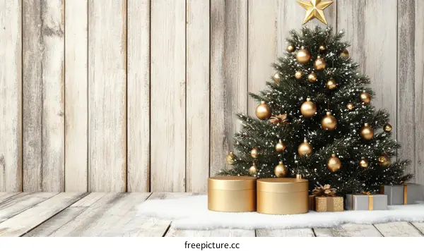 Christmas Tree with Gold Ornaments and Gifts