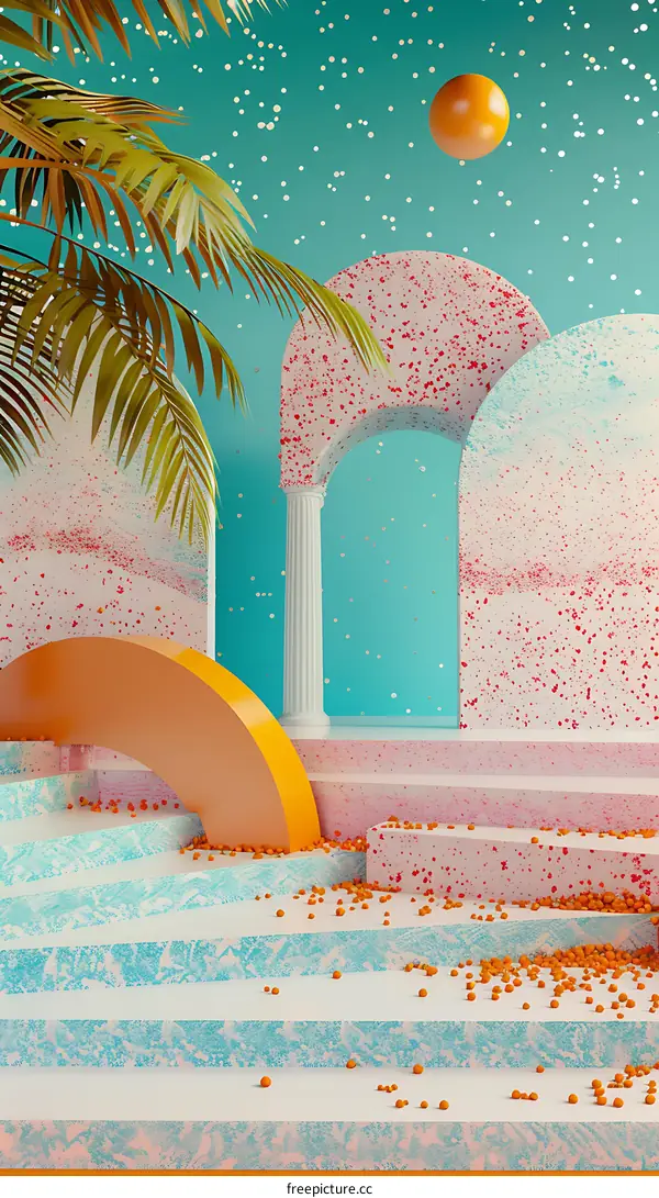 Abstract Summery 3D Archway with Palm Trees and Geometric Shapes