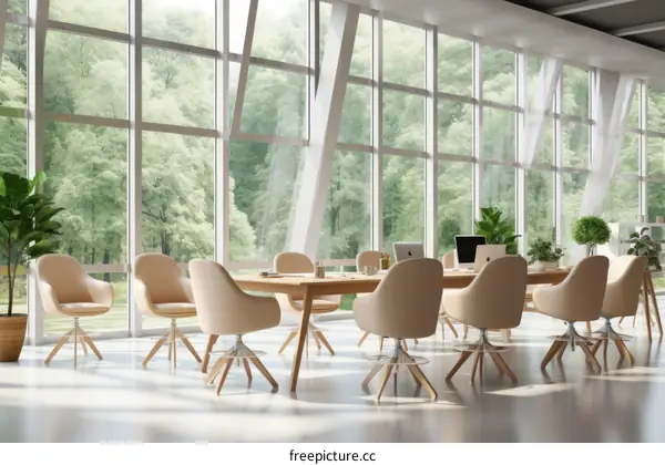 A conference room with a large windows overlooking a forest