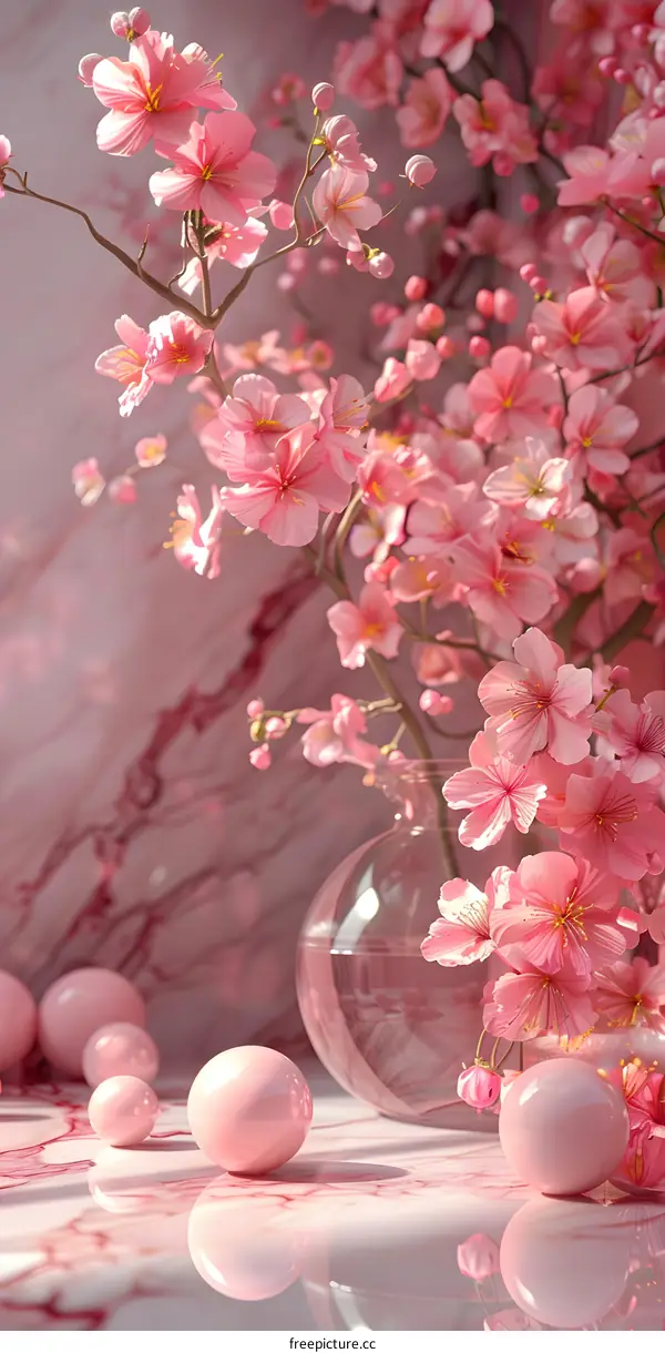 Pink cherry blossoms and glass vase