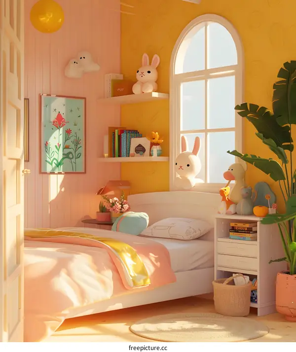 Cute Yellow and Pink Childrens Bedroom Illustration