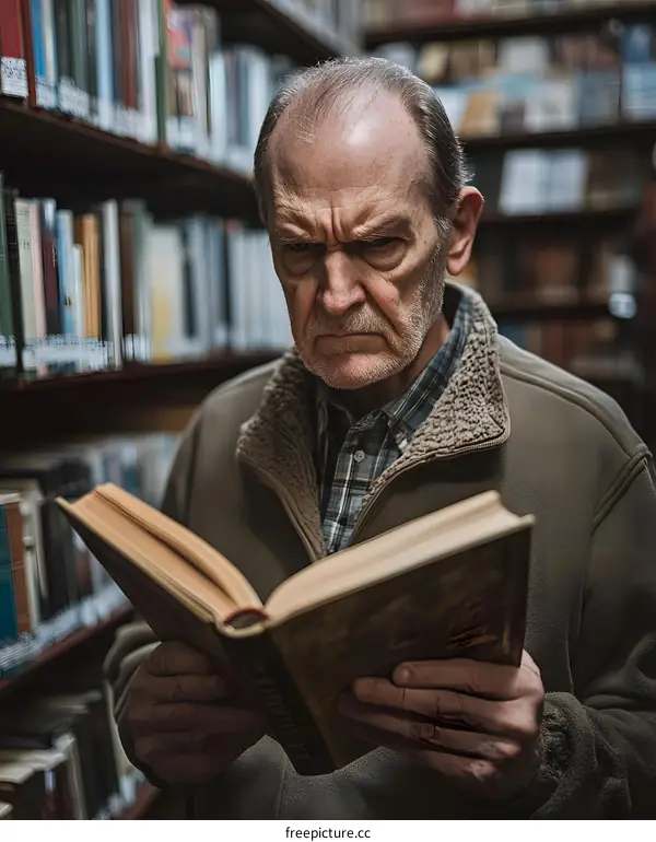 Senior Man Reading Book in Library