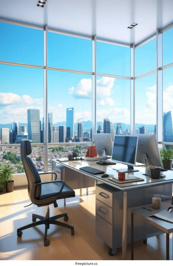 Modern office interior with large windows and city view