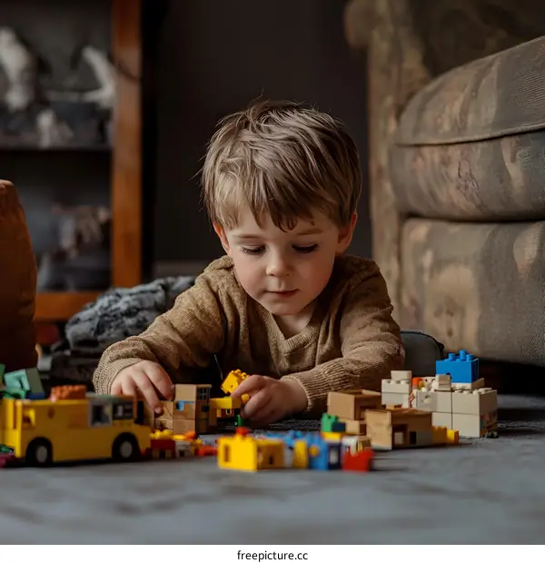Little Boy Playing With Construction Toys In Living Room