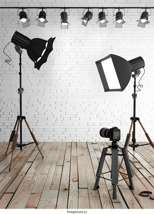 Photography Studio with White Brick Wall and Wooden Floor