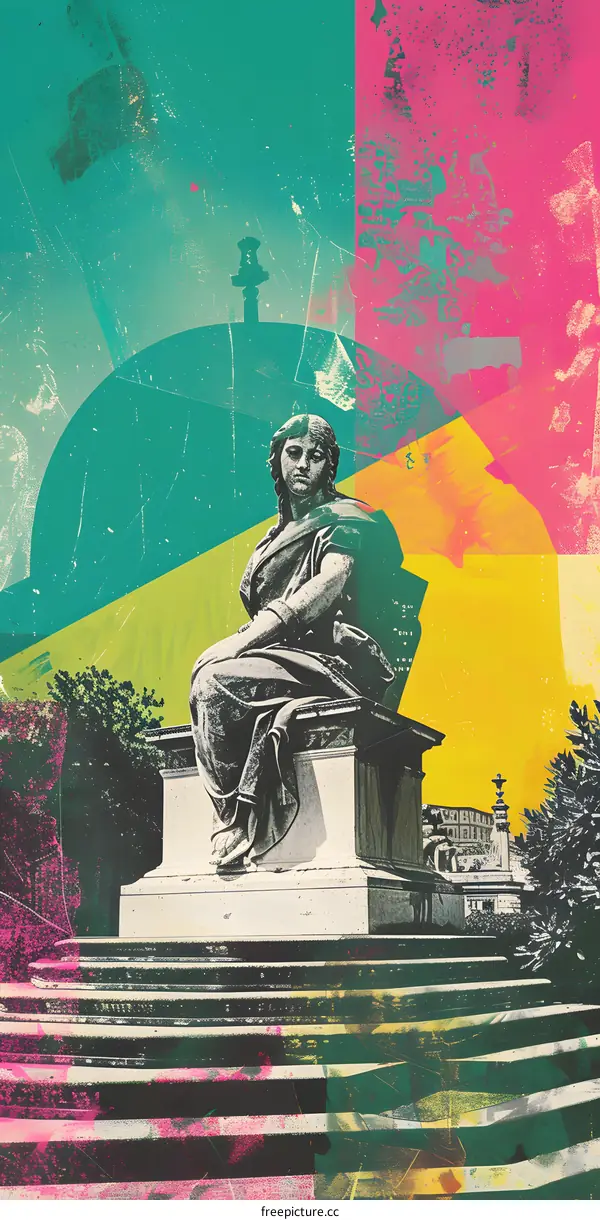 Statue of a Woman in a City Park With a Colorful Abstract Background