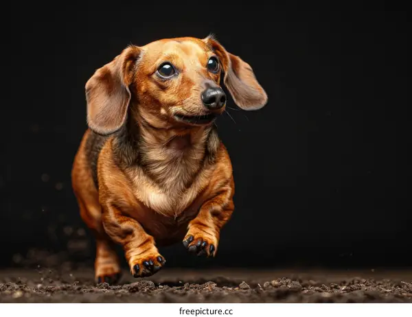 A happy brown miniature dachshund running in the dirt