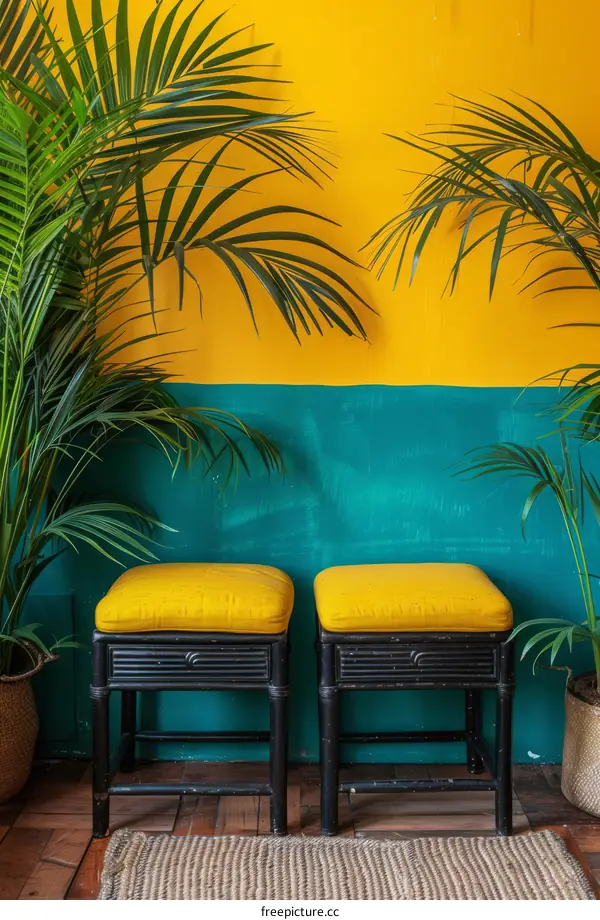 Two yellow stools in front of a blue and yellow wall with potted palms