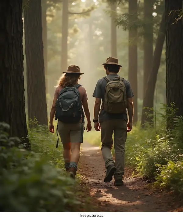 Couple Hiking Through Forest Trail With Backpacks In The Morning Sun