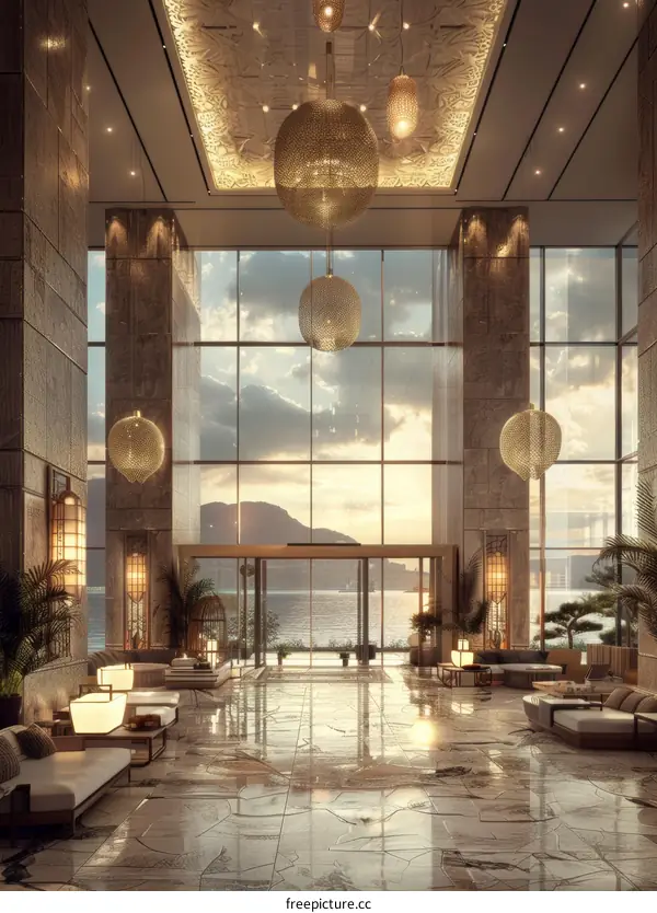 Luxury Hotel Lobby with Panoramic Ocean View