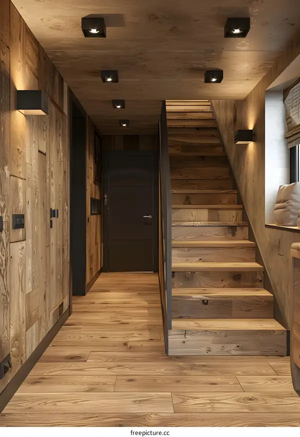 Modern Rustic Entryway with Wooden Staircase