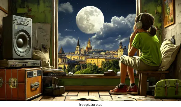Girl Listening to Music with City View Illustration