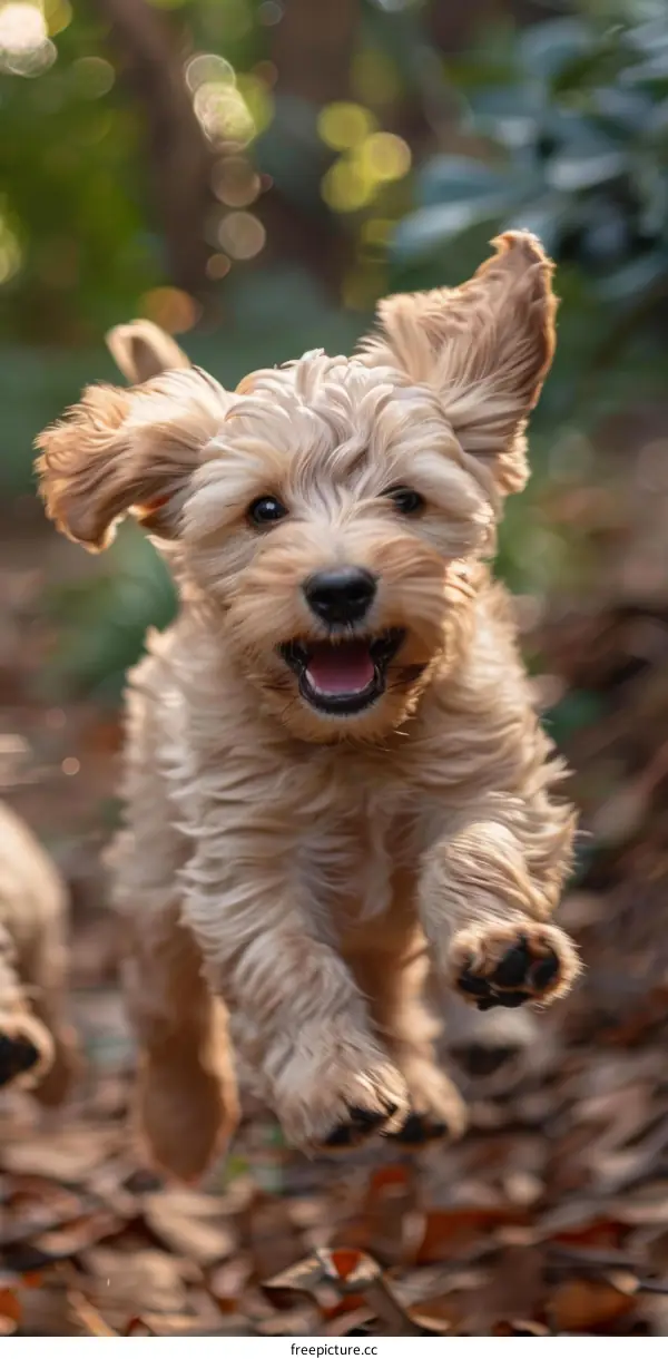 A cute puppy is running in the woods