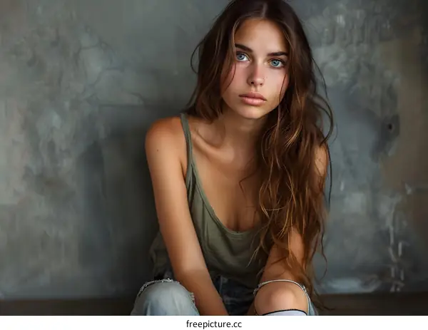 Portrait of a young woman with freckles and blue eyes