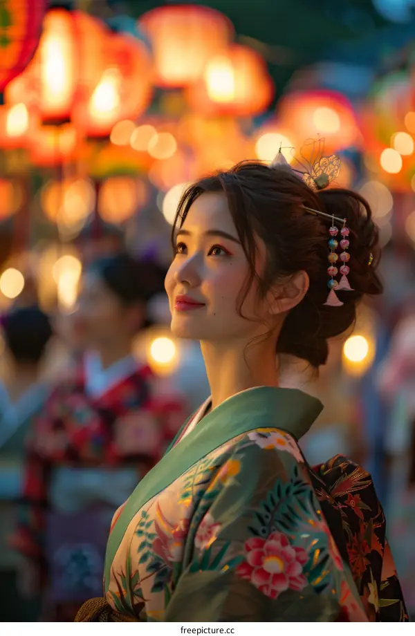 A young woman in a kimono is looking at the lanterns.