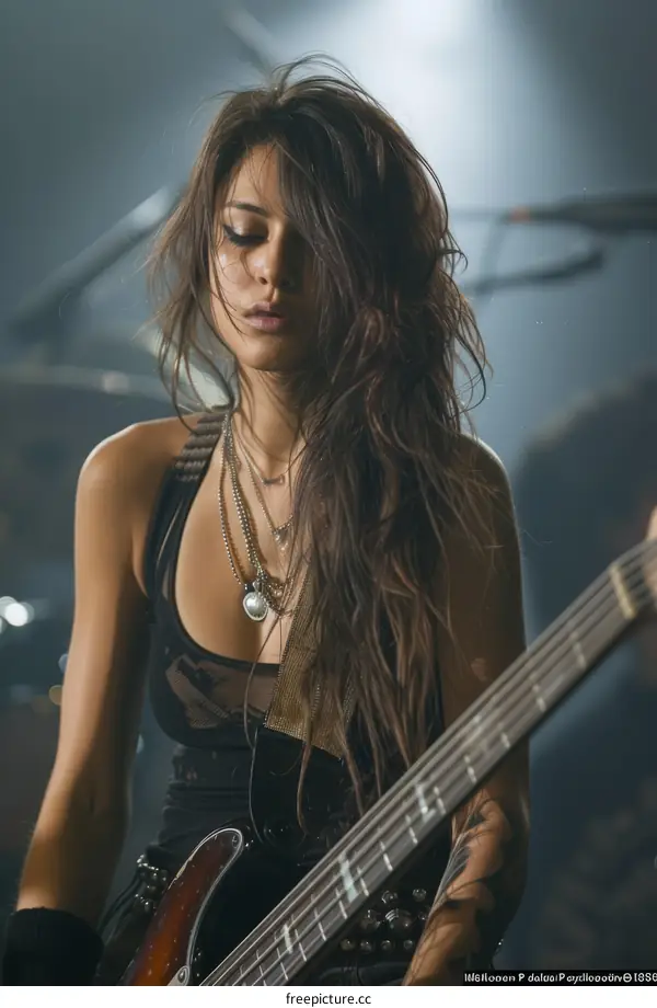 Portrait of a female musician playing the bass guitar