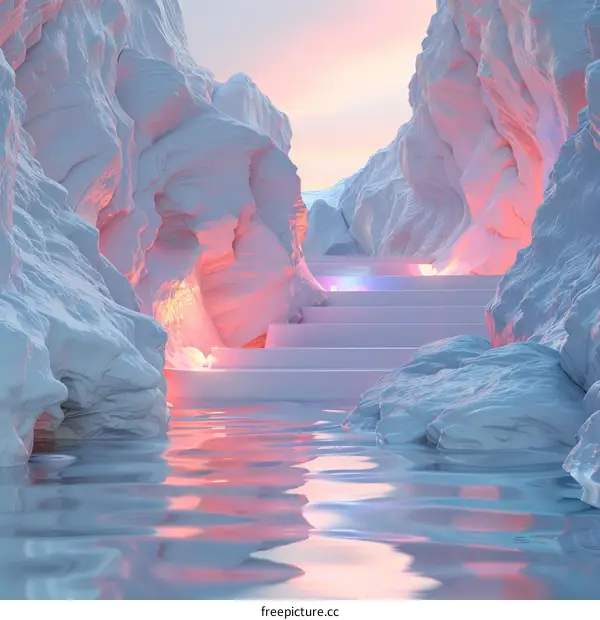 Mystical icy landscape with a glowing path through a narrow canyon
