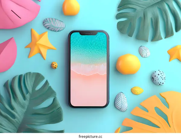 Summer Phone Background With Tropical Leaves and Seashells