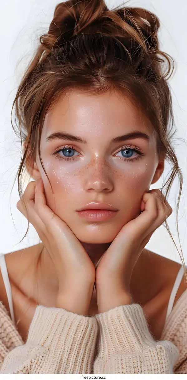 Portrait of a young woman with freckles and blue eyes