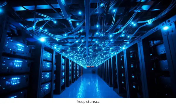 Blue cables and lights in a server room