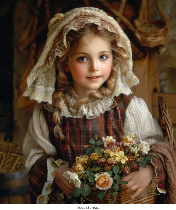 Vintage Girl with Flowers in Basket