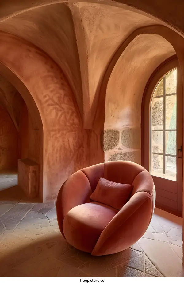 Pink Velvet Chair in a Room with Arched Walls and Stone Floor