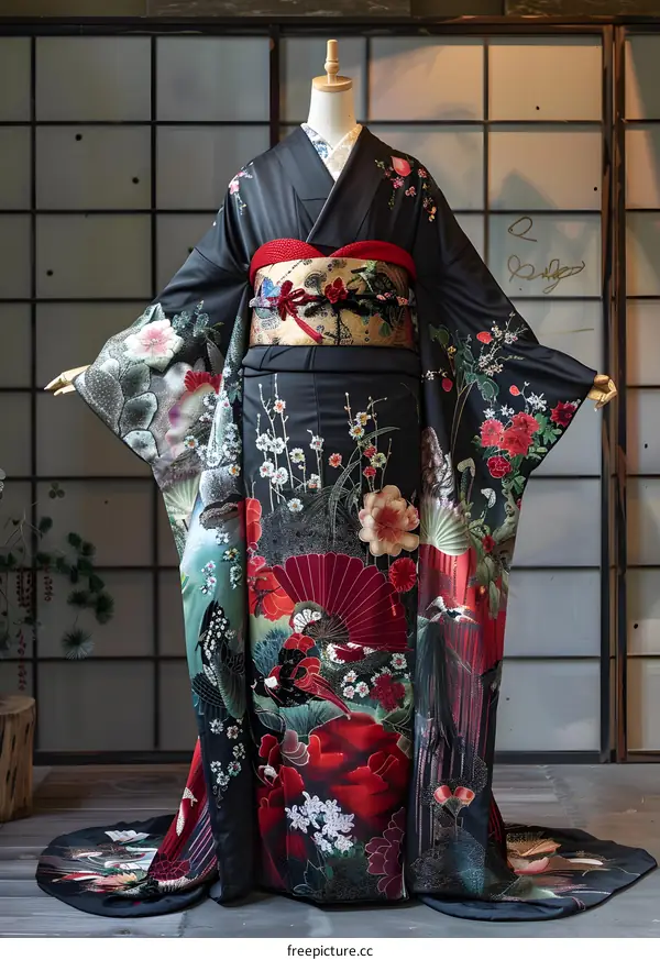 A kimono with a pattern of flowers and birds