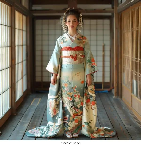 A woman wearing a kimono is standing in a traditional Japanese house.
