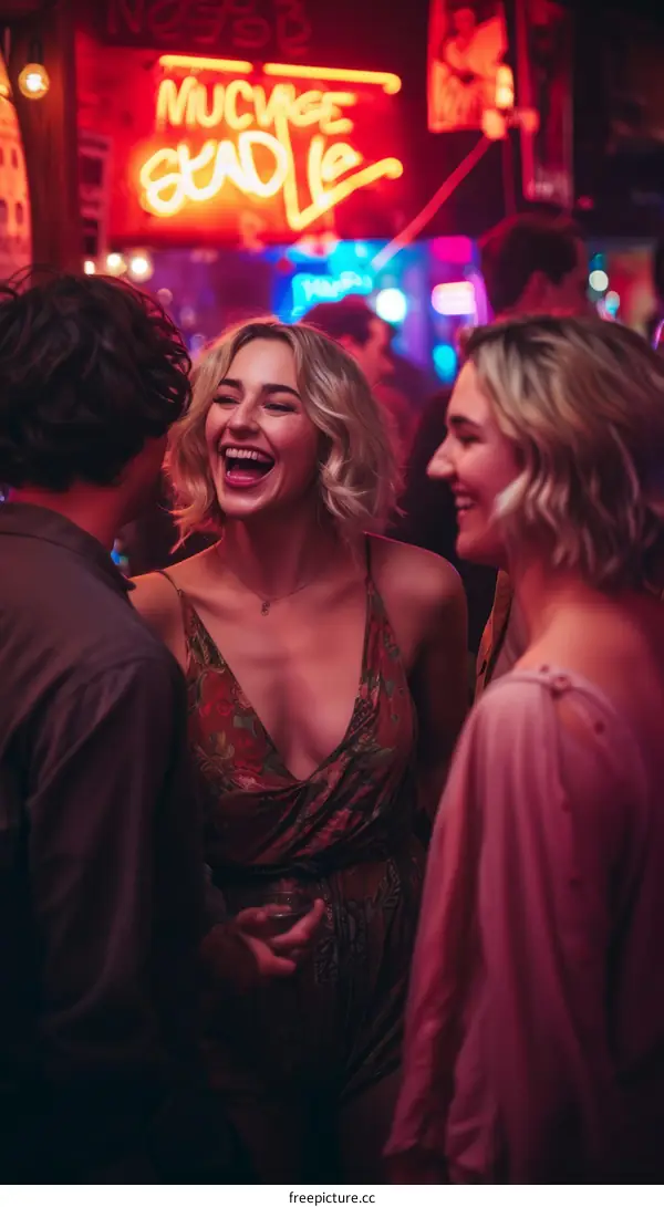 Three friends laughing and talking in a bar