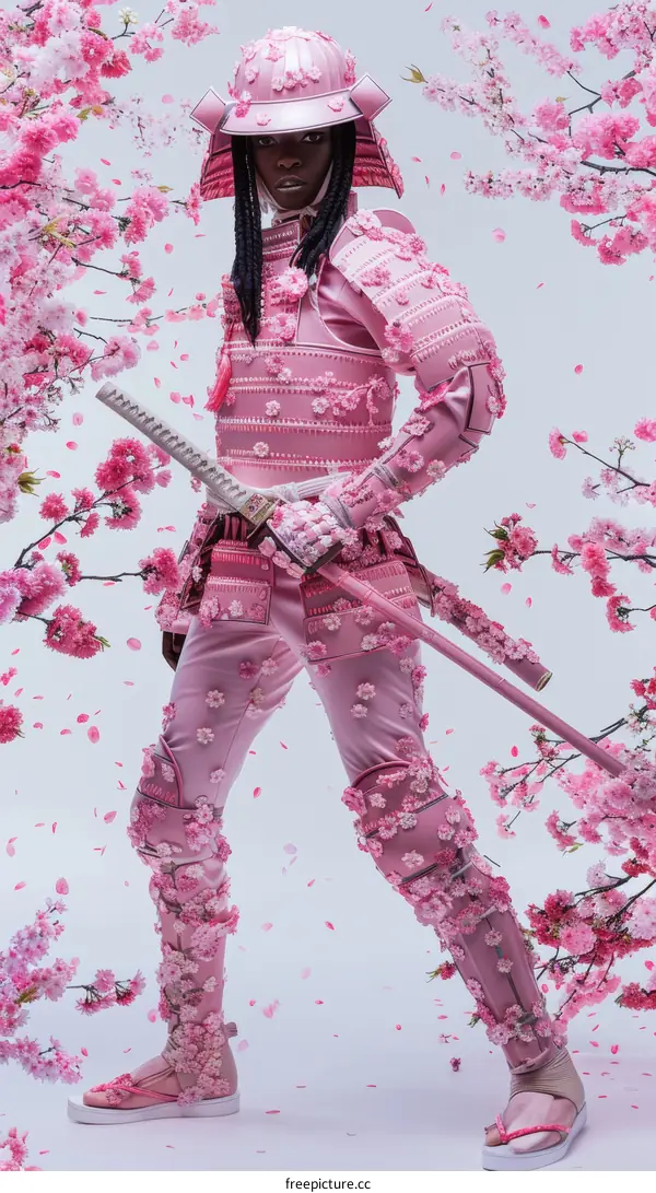 Black Samurai in Pink Blossoms