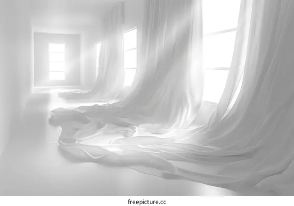 White room with large windows and white curtains blowing in the wind