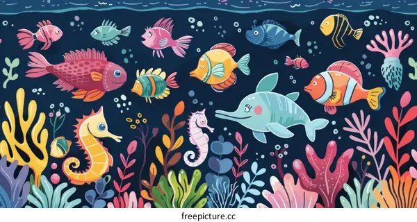 Underwater scene with a variety of fish and sea life