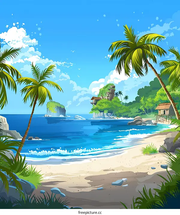 Tropical Beach with Palm Trees and Houses Illustration