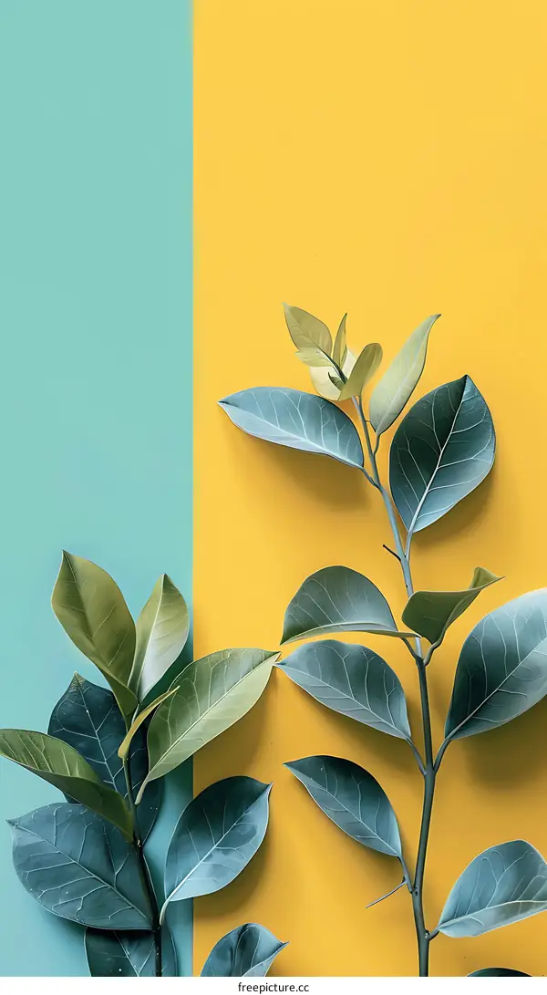 Minimalist Green Leaves on Yellow and Blue Background