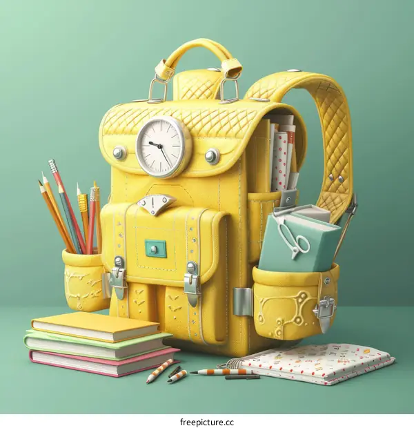 A yellow backpack with a clock on the front and books and pencils next to it