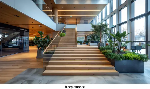office interior atrium stairs wood