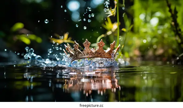 Golden crown gently dropped into the water, creating a small splash