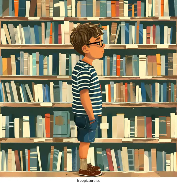 Boy in Library with Many Books