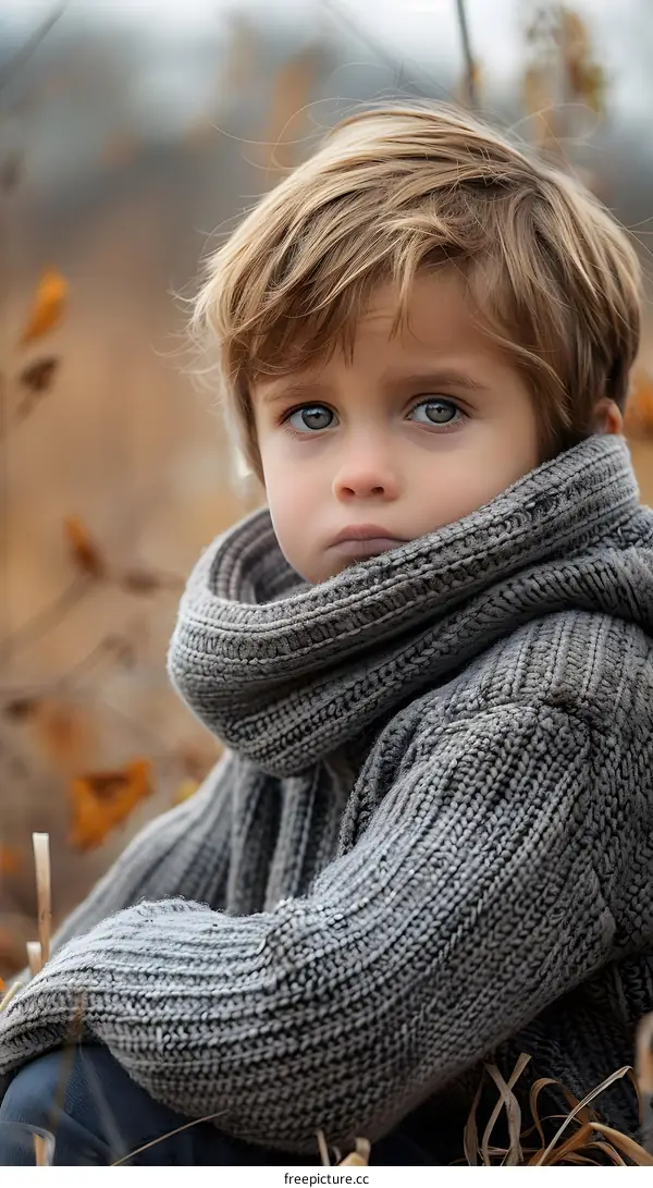 Portrait of a cute little boy in a gray sweater