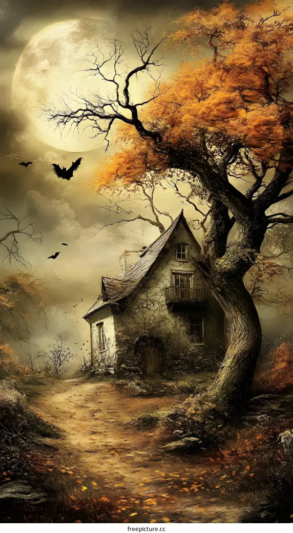 Spooky Halloween Cottage Illustration with Moon and Bats