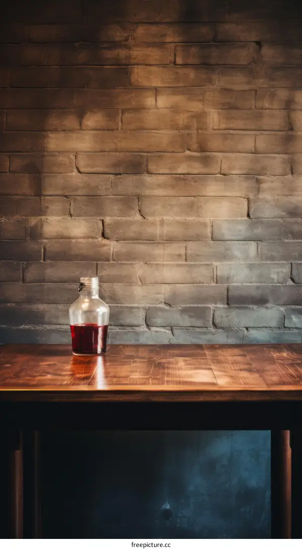 Empty Wine Bottle on Wooden Table with Brick Wall Background