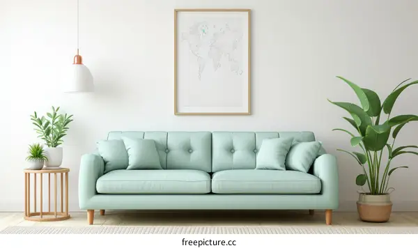 A living room with a green sofa, a coffee table, a lamp, and a plant
