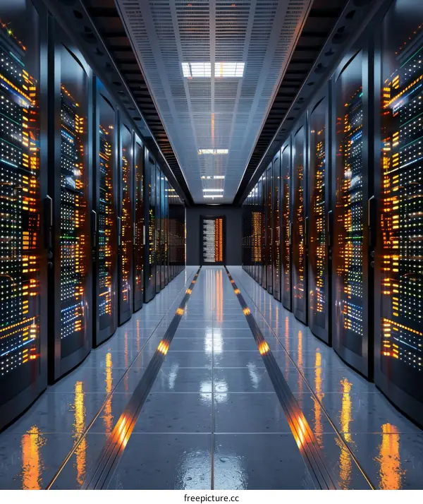 Futuristic data center with rows of server racks containing many blinking lights