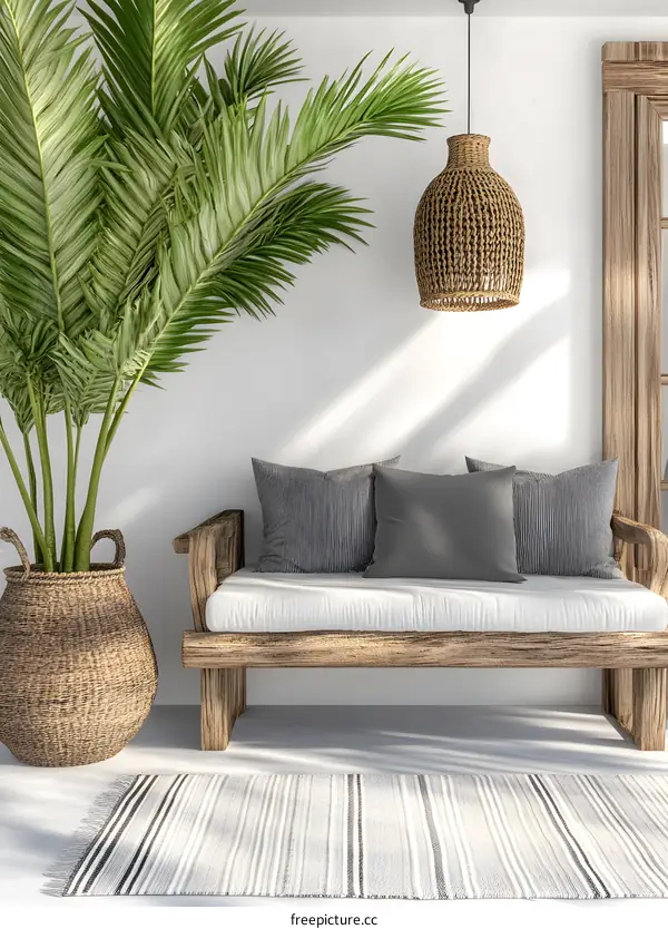 Minimalist Living Room with Palm Tree and Wicker Lamp