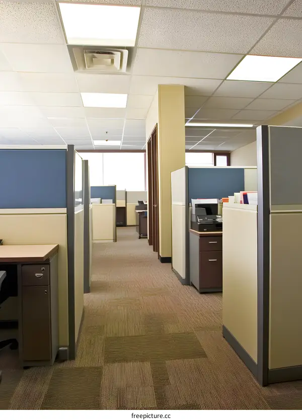 Modern Office Cubicles with Carpeted Floor and Light Fixtures