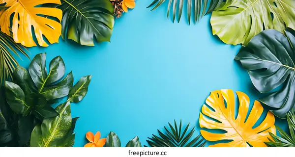 Tropical Leaves Frame On Blue Background