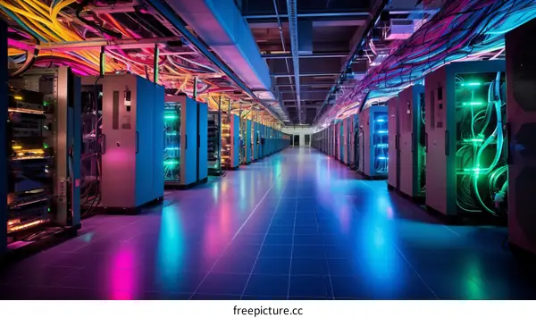 A large and colorful data center with many servers.