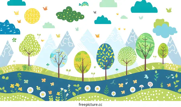 Spring Landscape With Mountains, Trees, Clouds and Birds Illustration