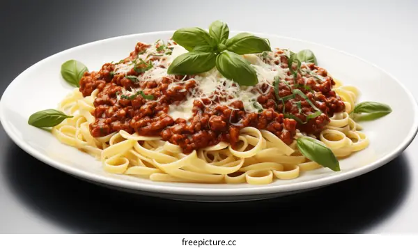A plate of pasta with tomato sauce and basil